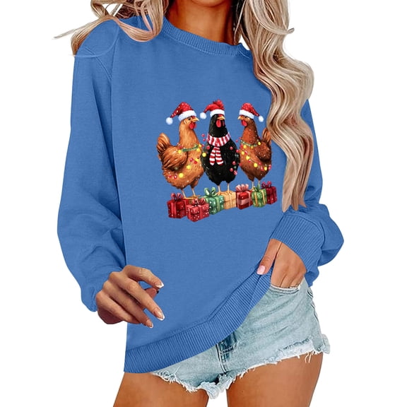 Byworldtasic Christmas Sweatshirt Women Cute Chicken Xmas Shirt Funny Chicks Christmas Sweatshirts Hen Farm Pullover Tops S-2XL