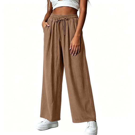 Byworldtasic Cotton Linen Wide Leg Pants for Women Elastic Drawstring High Waist Trousers Lightweight Loose Fit Pants