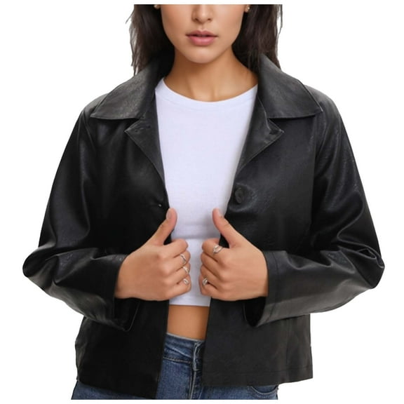 Byworldtasic Crop Leather Jacket for Women No Boundaries Fall Button Up Long Sleeve Outerwear Slim-Fit Biker Jacket