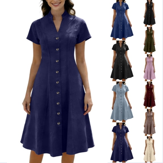 Byworldtasic Denim Dress for Women Loose Casual Short Sleeve Button Down Jean Midi Dress