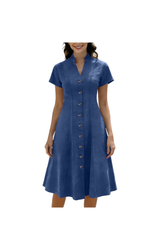 Denim Dress for Women Loose Casual Short Sleeve Button Down Jean Midi Dress