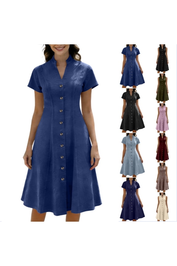 Denim Dress for Women Loose Casual Short Sleeve Button Down Jean Midi Dress