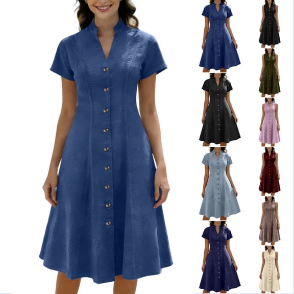 Byworldtasic Denim Dress for Women Loose Casual Short Sleeve Button Down Jean Midi Dress