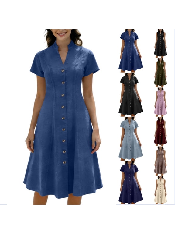 Denim Dress for Women Loose Casual Short Sleeve Button Down Jean Midi Dress