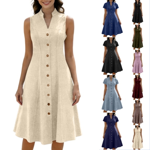 Byworldtasic Dress for Women Loose Casual Sleeveless Button Down V-Neck Midi Dress
