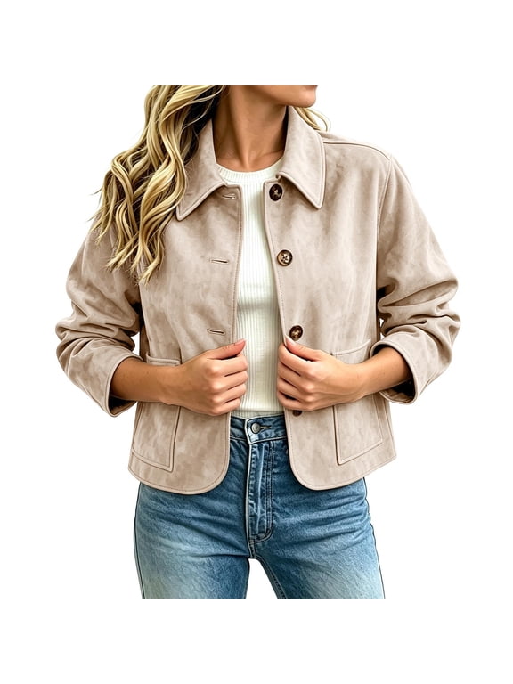 Faux Suede Casual Cropped Fall Jacket for Women Trendy Short Trench Coat Lapel Collar Button Down Jackets with Pocket