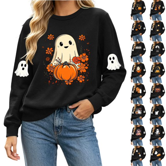 Byworldtasic Halloween Spooky Season Shirt for Women Cute Ghost Long-Sleeve Pullover Tops Lightweight Sweatshirt
