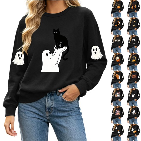 Byworldtasic Halloween Spooky Season Shirt for Women Cute Ghost Long-Sleeve Pullover Tops Lightweight Sweatshirt
