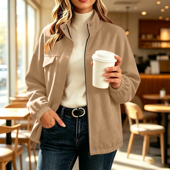 Byworldtasic Jacket for Women Lightweight Full Zip Up Coat with Pockets Long Sleeve Warm Jackets Outwear