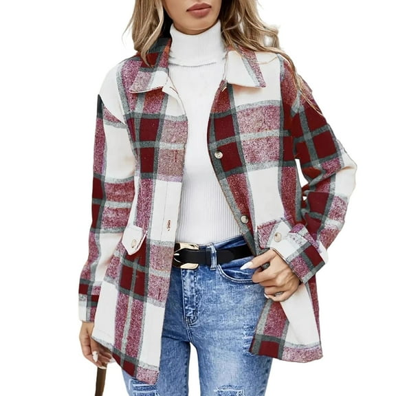 Byworldtasic Jackets for Women Women's 2025 Fall Clothes Plaid Shacket Jacket Long Sleeve Button Down Flannel Shirts Fashion Jacket