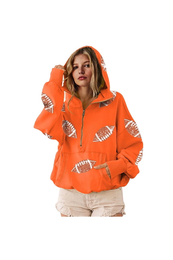 Jackets for Women Womens Game Day Sweatshirts Football Sequin Hoodies With Pocket Oversized Crewneck Long Sleeve Pullover Jacket