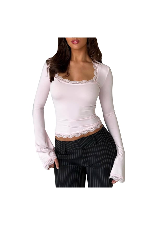 Lace Trim Square Neck Crop Tee Tops for Women Long Bell Sleeve Slim Fitted T Shirts Y2K Fairy Cute Top