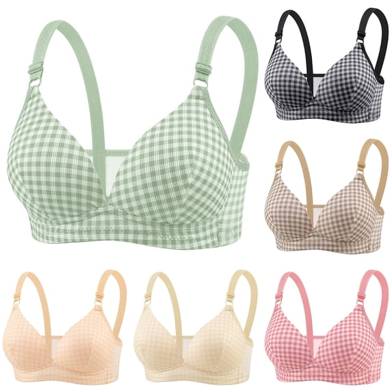 Byworldtasic Ladies Everyday Plaid Wireless Bra Ribbed V‑Neck Lightweight Bralette Adjustable Shoulder Straps Casual Bra