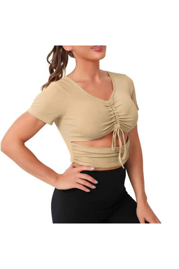 Ladies Spring And Summer Arrivals Solid Sweet Spicy Style Bandage Navel-Exposed Knit Short Sleeve V-Neck Top/Shirt