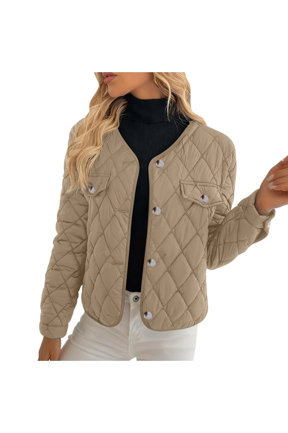 Lightweight Quilted Cotton Jacket for Women Casual Long Sleeve Button Down Padded Coat with Pockets