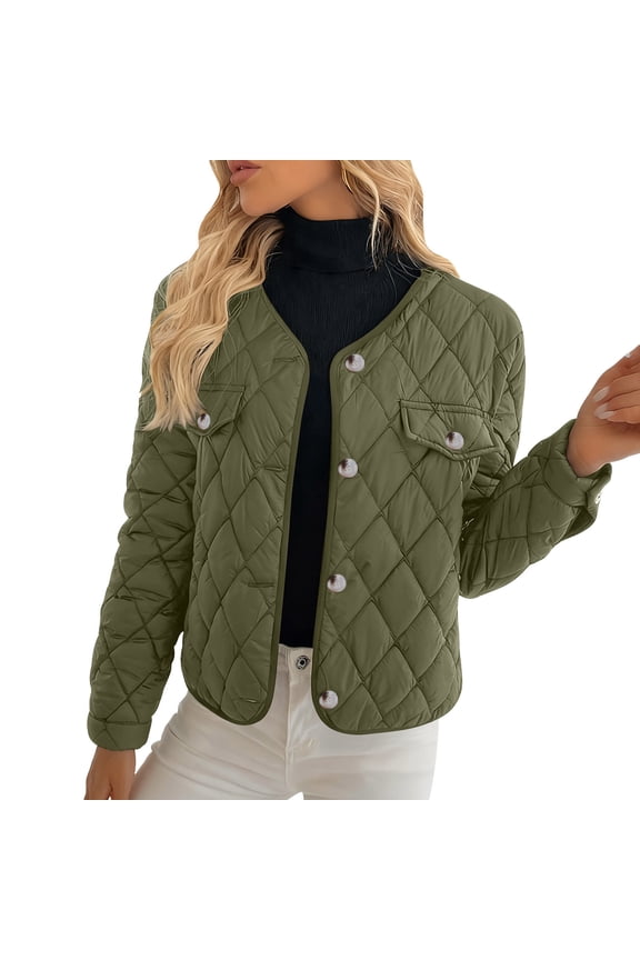 Lightweight Quilted Cotton Jacket for Women Casual Long Sleeve Button Down Padded Coat with Pockets