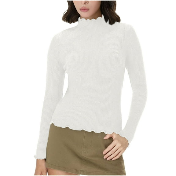 Byworldtasic Lightweight Ruffle Mock Neck Tops for Women Ribbed Lettuce Trim Soft Base Layer Top