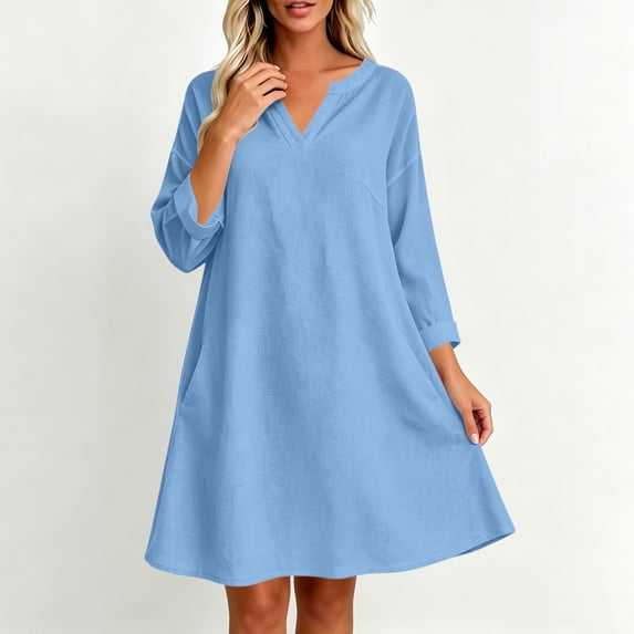 Byworldtasic Long Sleeve Dress for Women Tops Dressy Casual Tunics Top Cute Tee V Neck Blouses Dress