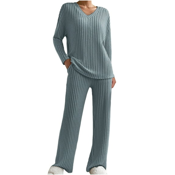 Byworldtasic Lounge Sets for Women Long Sleeve Knit Ribbed Pajama Sets 2-Piece Loungewear with Pockets