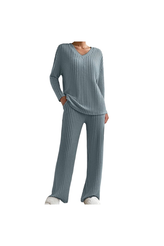 Lounge Sets for Women Long Sleeve Knit Ribbed Pajama Sets 2-Piece Loungewear with Pockets