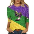 thumbnail image 1 of Byworldtasic Mardi Gras 3/4 Sleeve Tops for Women Fashion Sequins Round Neck Printed Blouses, 1 of 5