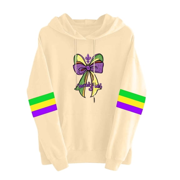 Byworldtasic Mardi Gras Outfit for Women Embroidery Hooded Sweatshirt Party Carnival Long Sleeve Tees Tops