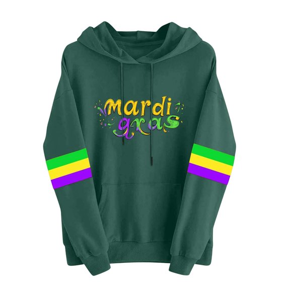 Byworldtasic Mardi Gras Outfit for Women Embroidery Hooded Sweatshirt Party Carnival Long Sleeve Tees Tops