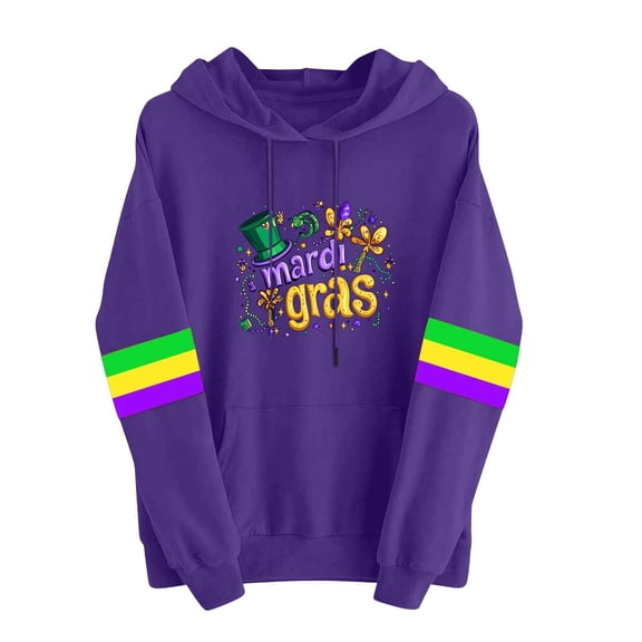 Byworldtasic Mardi Gras Outfit for Women Embroidery Hooded Sweatshirt Party Carnival Long Sleeve Tees Tops