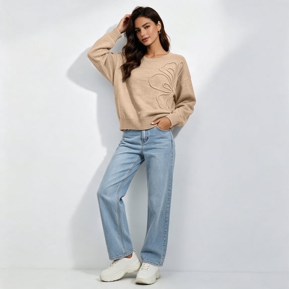 Byworldtasic Women's Flower Sweater Crew Neck Long Sleeve Drop Shoulder Pullover Tops Fall Winter Casual Loose Fit Tops