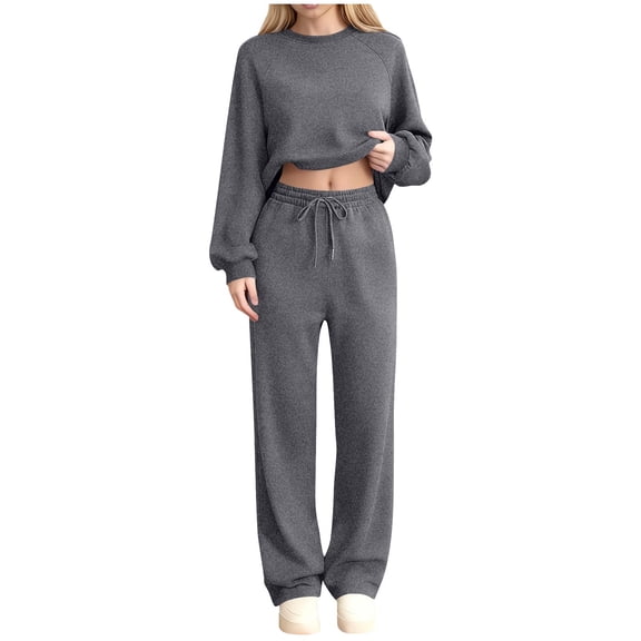 Byworldtasic 2 Picec of Outfit Sets for Womens Suit Long Sleeve Solid Loose Crop Top and Wide-leg Long Pants Set