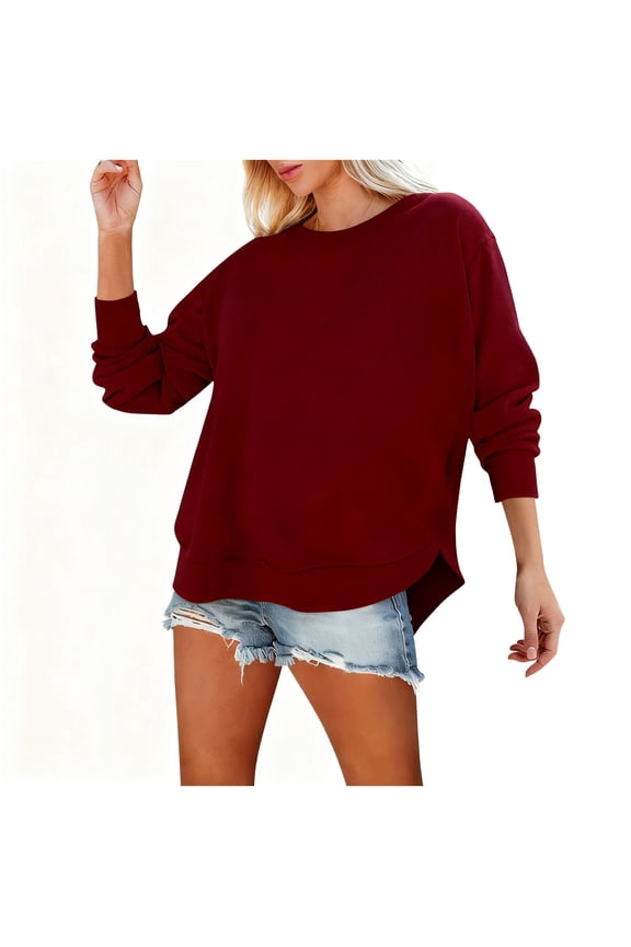 Basic Sweatshirt for Women Crewneck Long Sleeve Side Split Tops Casual Solid Color Loose Pullover Shirts