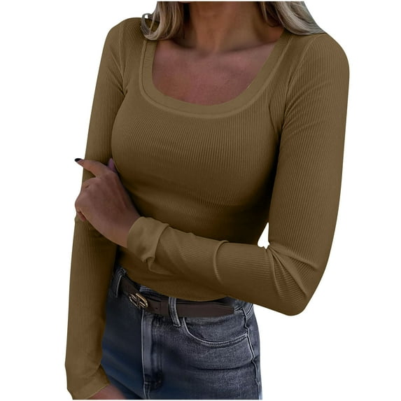 Byworldtasic Crewneck Slim Fitted T Shirts for Women Basic Long Sleeve Ribbed Knit Tee Crop Trendy Y2k Top