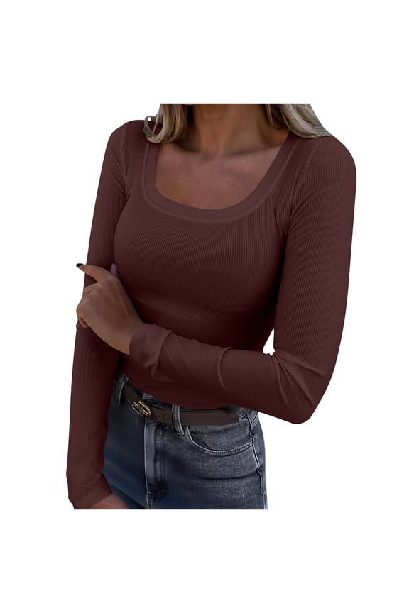 Crewneck Slim Fitted T Shirts for Women Basic Long Sleeve Ribbed Knit Tee Crop Trendy Y2k Top