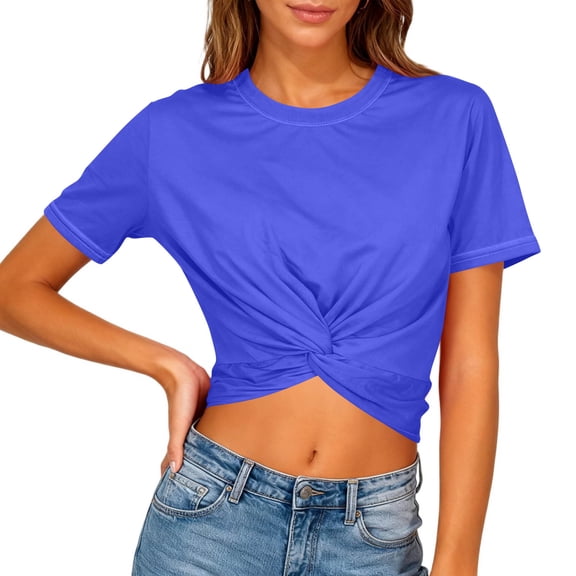 Byworldtasic Cropped T-Shirts for Women Crop Short Sleeve Crewneck Summer Tee Shirts Basic Solid Twist Front Tops