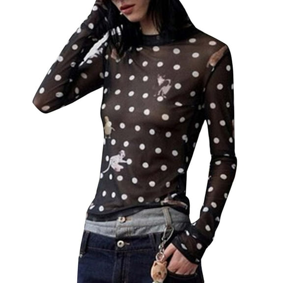 Byworldtasic Fall Mesh Floral Blouses for Women Long Sleeve Going Out Tops Slim Fitted Shirts