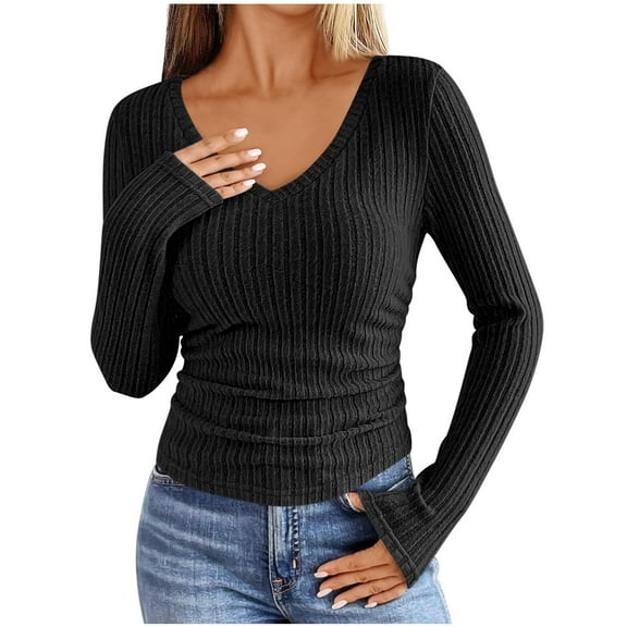 Byworldtasic No Boundaries Long Sleeve V Neck Shirts for Women Casual Work Top Knit Slim Fit for Fall Lightweight Tunic Clothes