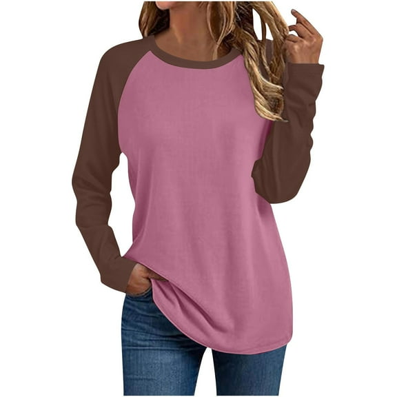 Byworldtasic Loose-fit T Shirts for Women Plus Size Color Block Trendy Top Long Sleeve Tee Soft Lightweight Blouses