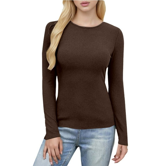 Byworldtasic Ribbed Long Sleeve Tops for Women Crew Neck Slim Fit Undershirts Knit Basic Casual Stretch Tee Shirts