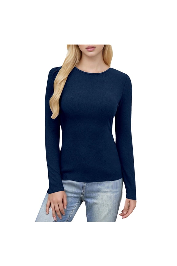 Ribbed Long Sleeve Tops for Women Crew Neck Slim Fit Undershirts Knit Basic Casual Stretch Tee Shirts