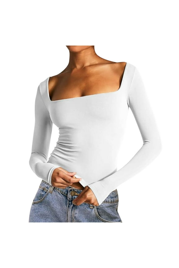 Square Neck Long Sleeve Shirts for Women Basic Slim Fit Crop T Shirt Solid Color Blouses