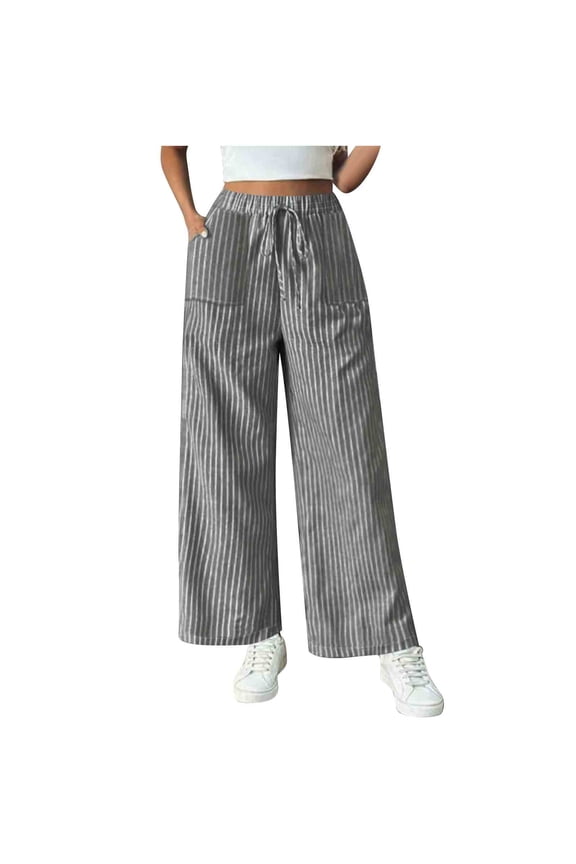 Striped Wide Leg Pants for Women Tie Front Elastic High Waisted Baggy Pants Trousers with Pockets