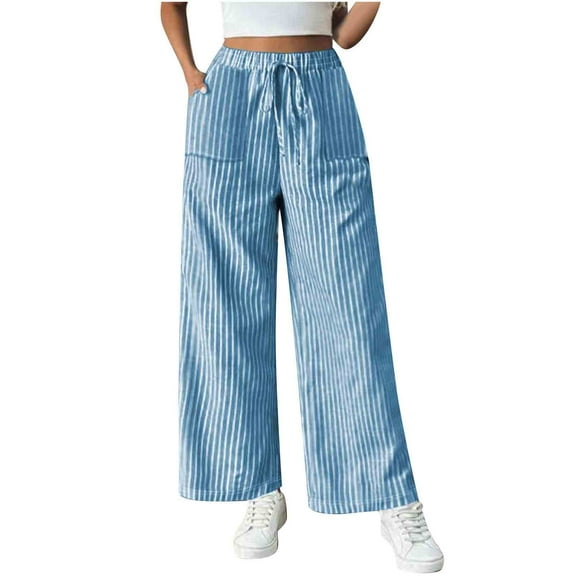 Byworldtasic No Boundaries Striped Wide Leg Pants for Women Tie Front Elastic High Waisted Baggy Pants Trousers with Pockets