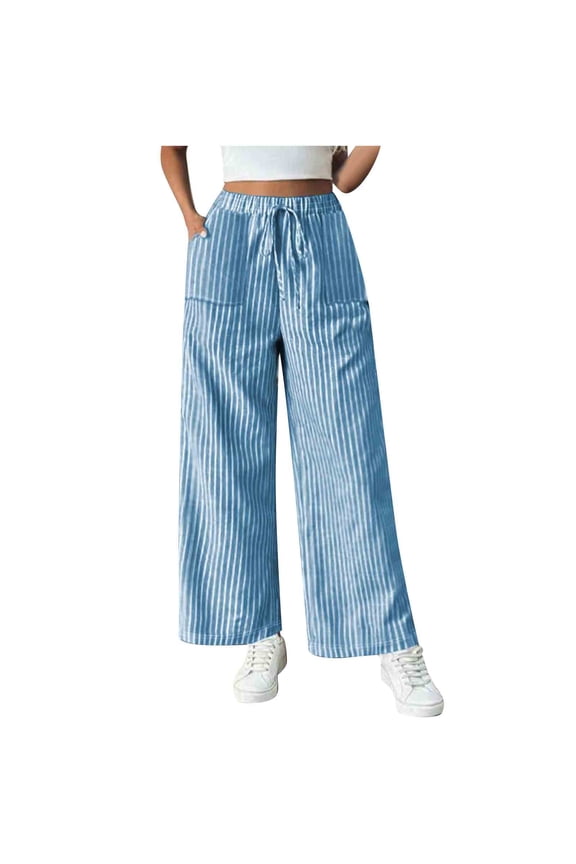 Striped Wide Leg Pants for Women Tie Front Elastic High Waisted Baggy Pants Trousers with Pockets