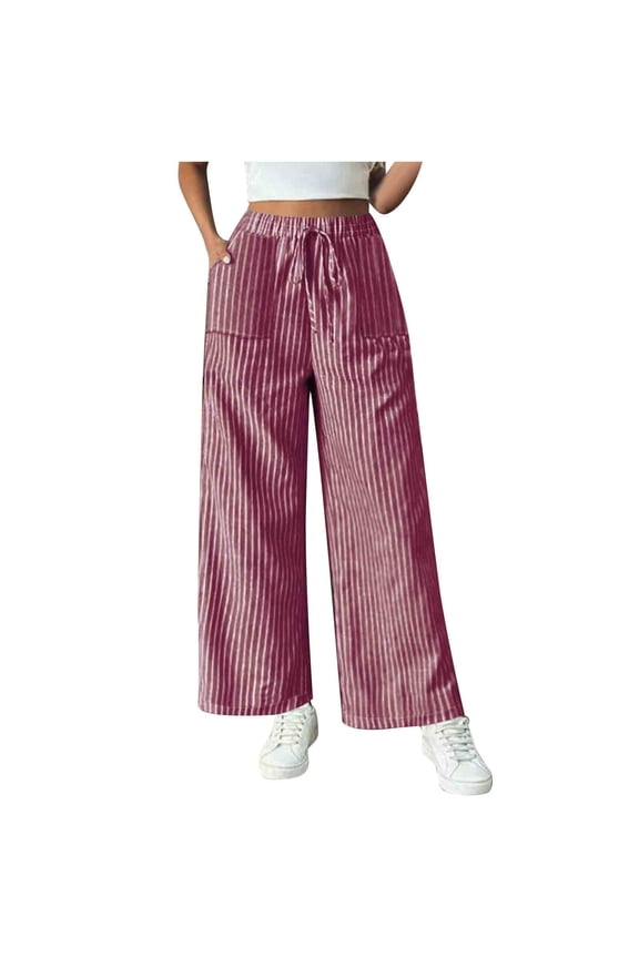 Striped Wide Leg Pants for Women Tie Front Elastic High Waisted Baggy Pants Trousers with Pockets