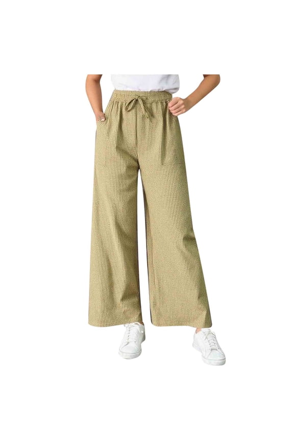 Striped Wide Leg Pants for Women Tie Front Elastic High Waisted Baggy Pants Trousers with Pockets