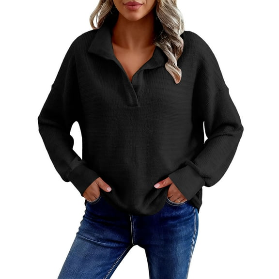 Byworldtasic V Neck Tops for Women Long Sleeve Oversized Fashion Waffle Pullover Fall Sweatshirt Tops