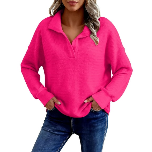 Byworldtasic No Boundaries V Neck Tops for Women Long Sleeve Oversized Fashion Waffle Pullover Fall Sweatshirt Tops