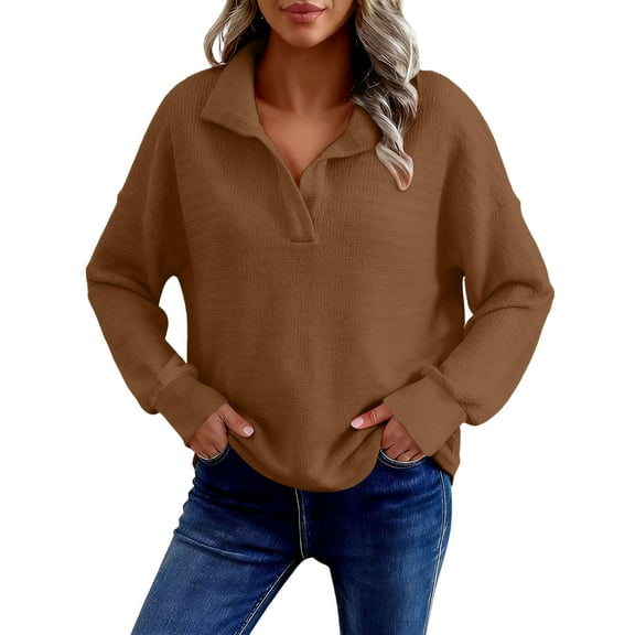 Byworldtasic No Boundaries V Neck Tops for Women Long Sleeve Oversized Fashion Waffle Pullover Fall Sweatshirt Tops