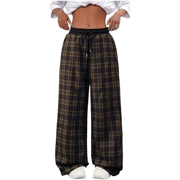 Byworldtasic No Boundarie Women's Plaid Checkered Pants Pajama Pants Lounge Wide Leg Baggy Sweatpants with Pockets