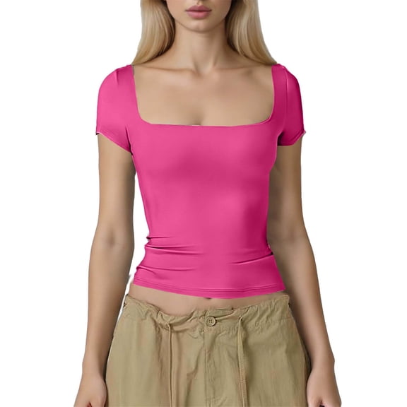 Byworldtasic No Boundaries Women's Square Neck Short Sleeve Y2k Tops Basic Slim Fit Going Out T Shirt